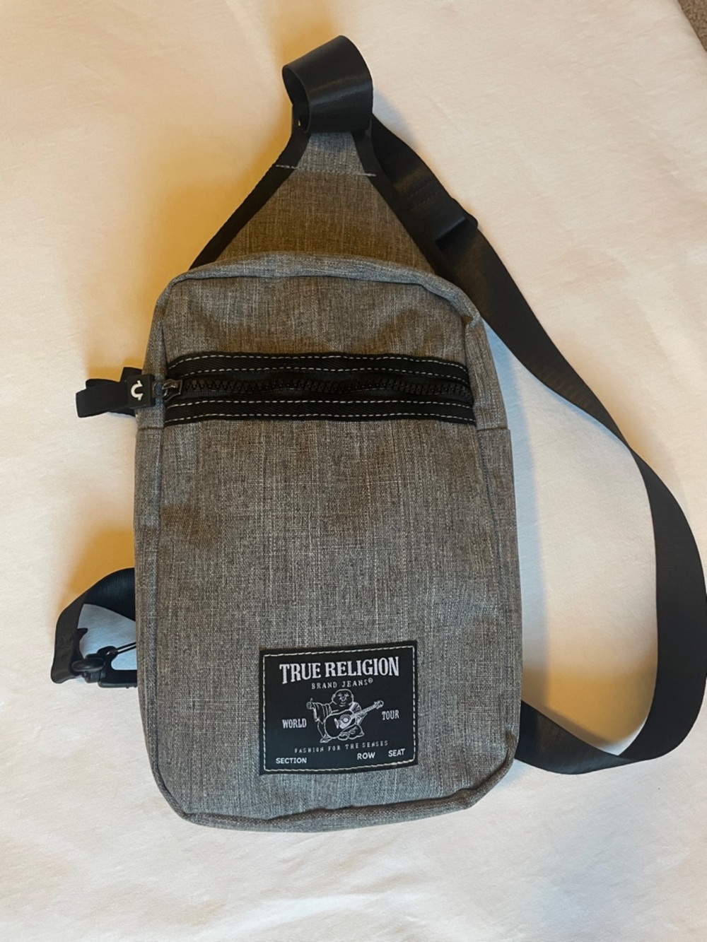 True Religion Yeta Gray Canvas Sling Bag with Black Trim